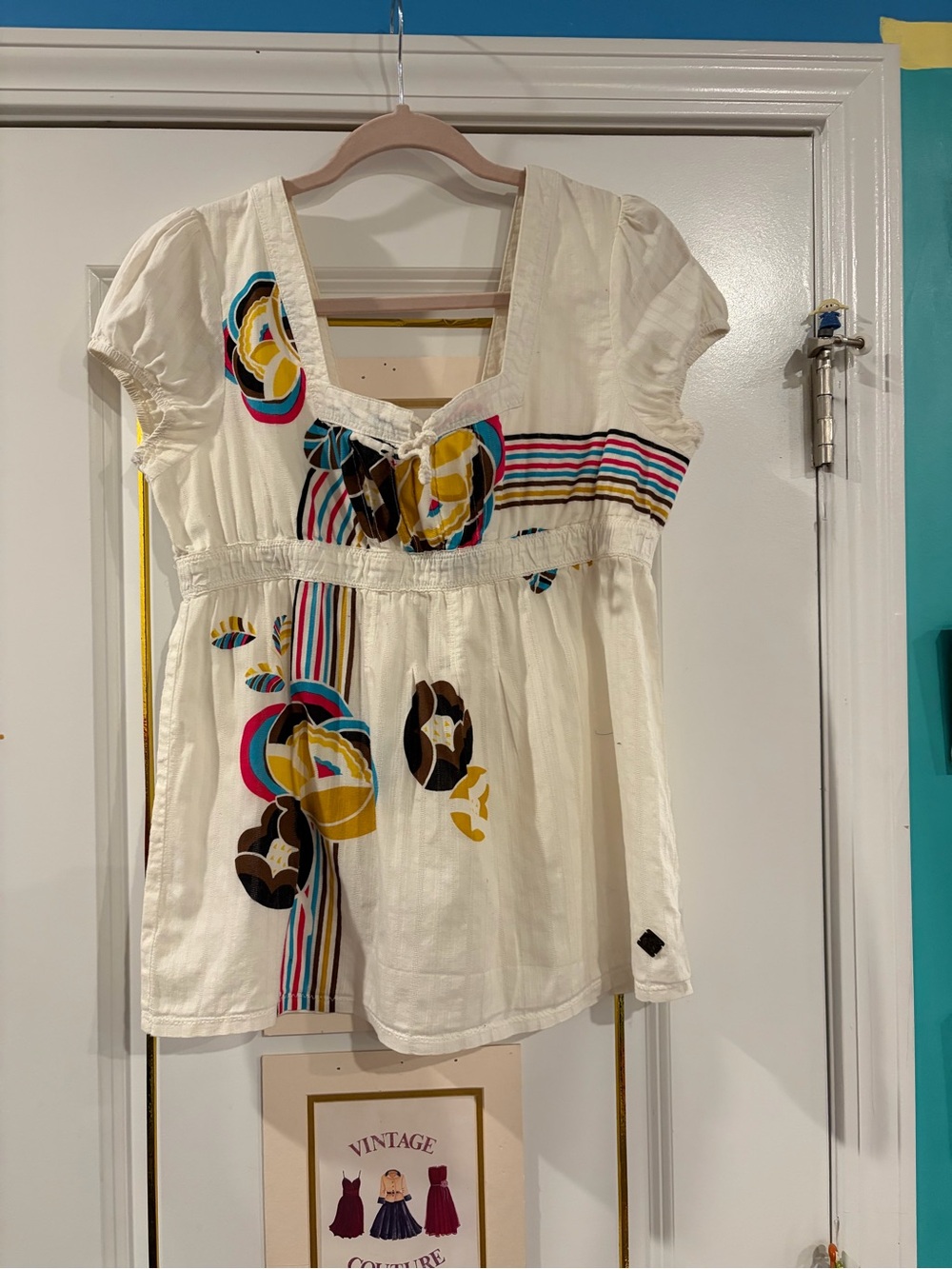 Roxy Cream Boho Peplum Top with Multicolor Floral and Stripes